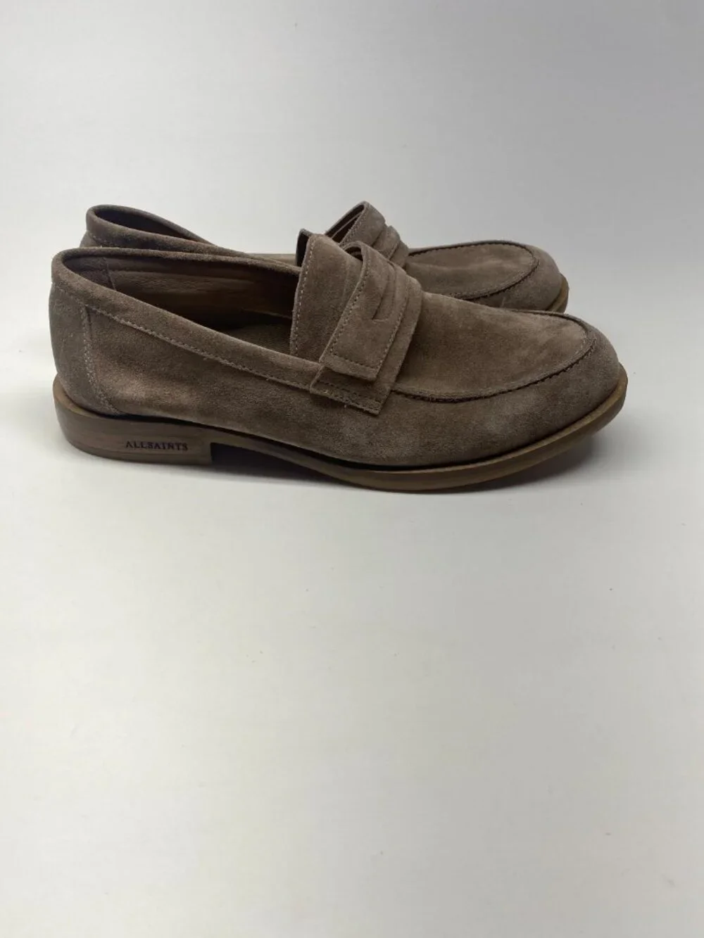 ALL SAINTS Mens Sam Taupe Suede Penny Loafer Sz 9